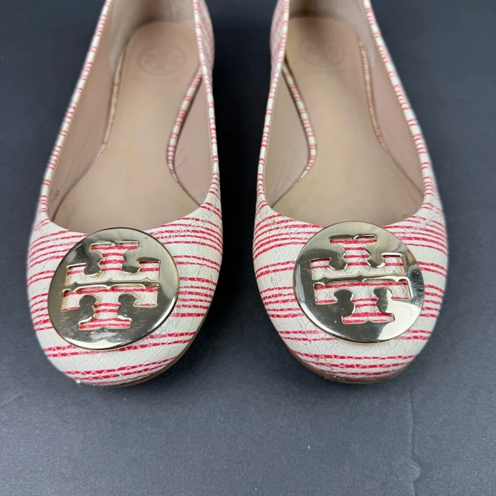 Tory Burch Reva Flats 7.5 Piano Stripe White Red Leather‎ Shoes Gold Logo Womens